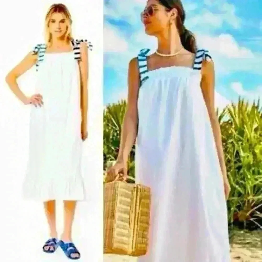 NWT Addison Bay White/Blue 100% Cotton Poplin Maxi Dress Women's Size Large - Picture 1 of 5